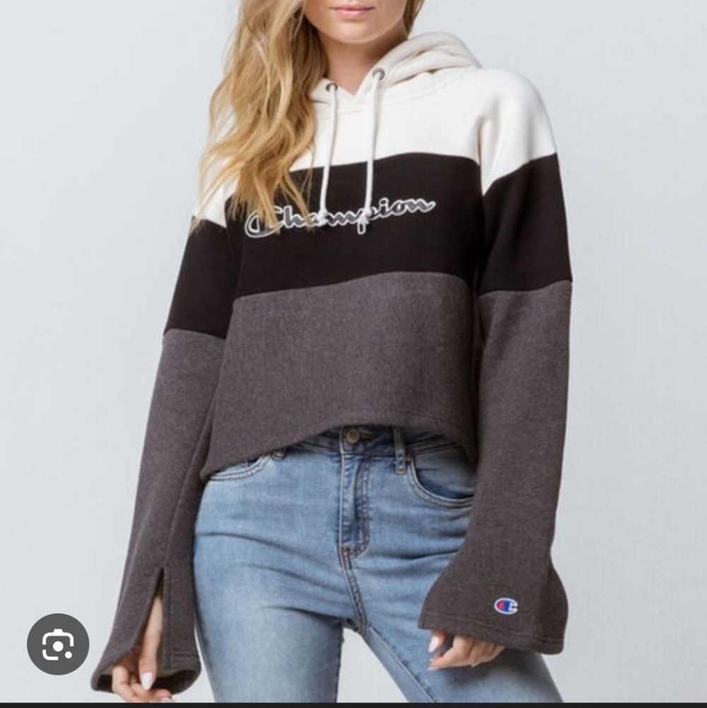 Champion Women's Cropped Colorblock Hoodie in White, Black & Charcoal